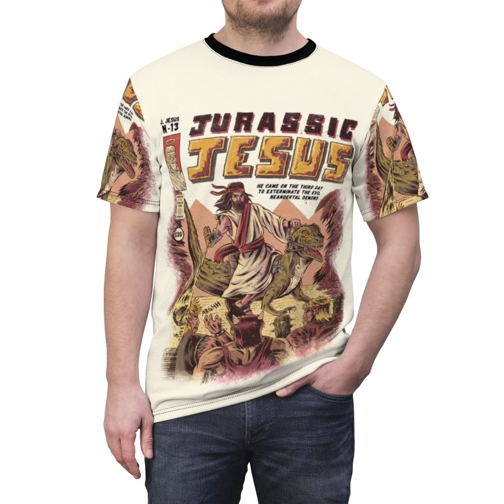 Vintage Prehistoric Jesus T-Shirt with Dinosaurs and Bible References - men front