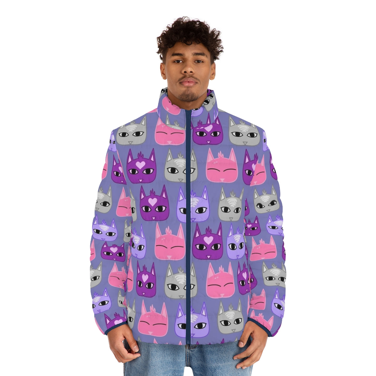 Colorful cats puffer jacket featuring the Dream Daddy Dadsona character - men front