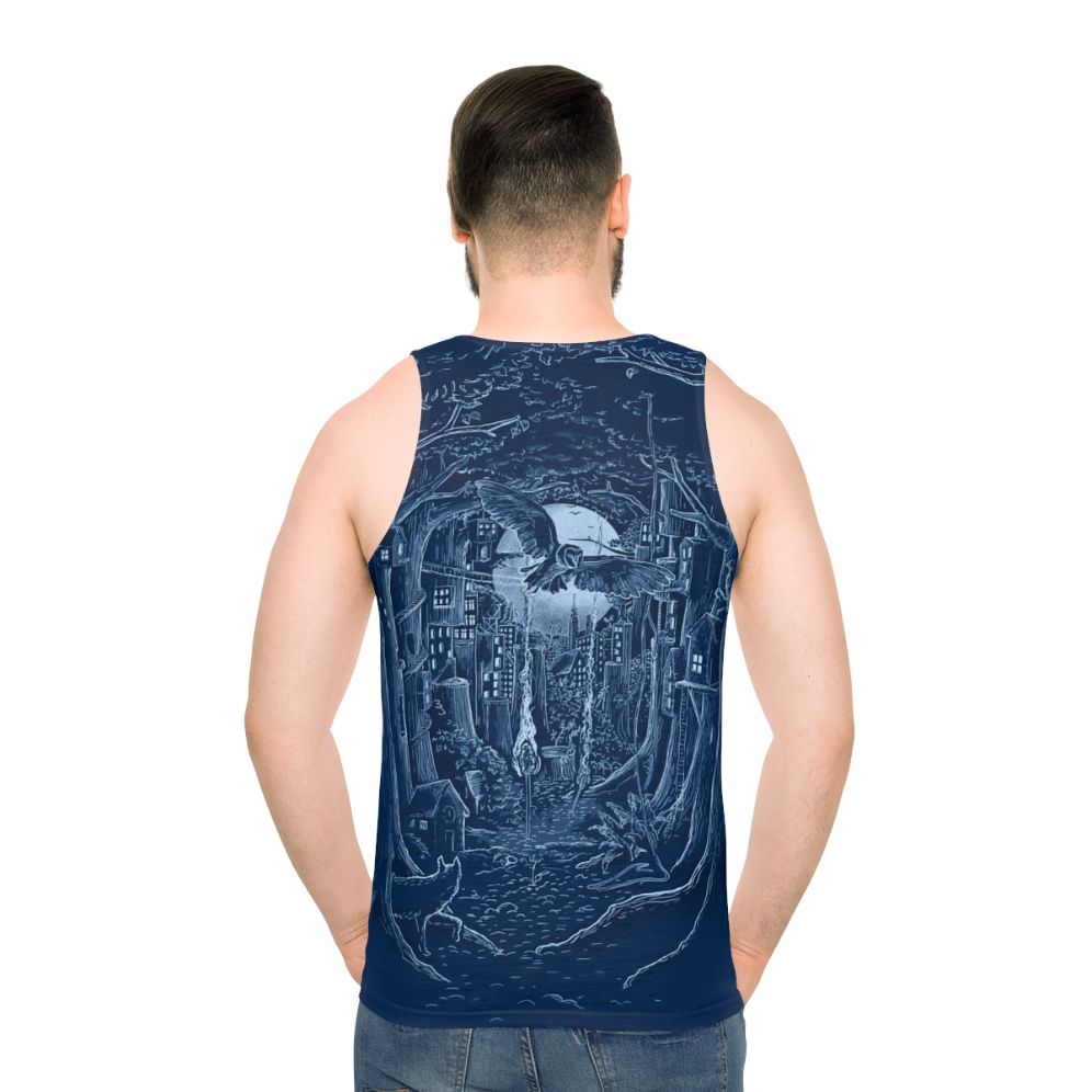 Enchanting forest unisex tank top with moonlit cityscape and wildlife - men back