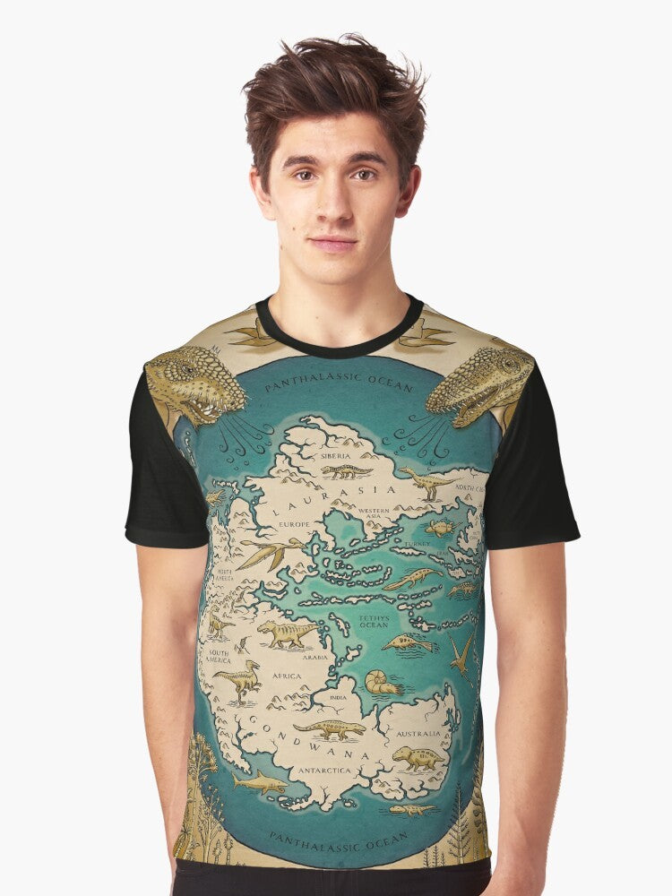 A graphic t-shirt featuring a map of the Pangaea supercontinent from prehistoric times. - Men