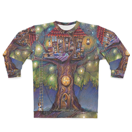 Cozy treehouse sweatshirt with nature and book motifs