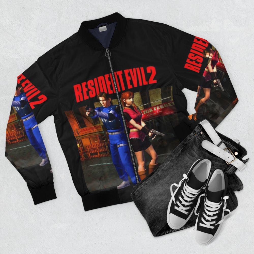 Resident Evil 2 1998 Bomber Jacket - Survival Horror Video Game Merchandise - Flat lay