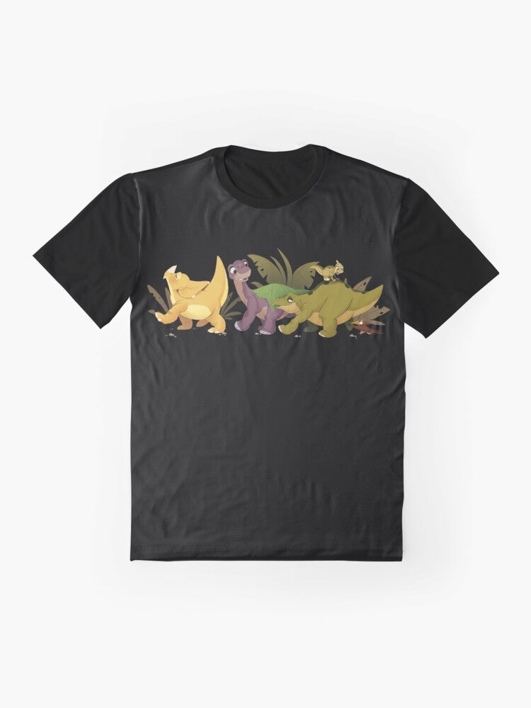 "The Land Before Time" dinosaur graphic t-shirt for kids featuring Littlefoot, Cera, Spike, Ducky, and Petrie - Flat lay