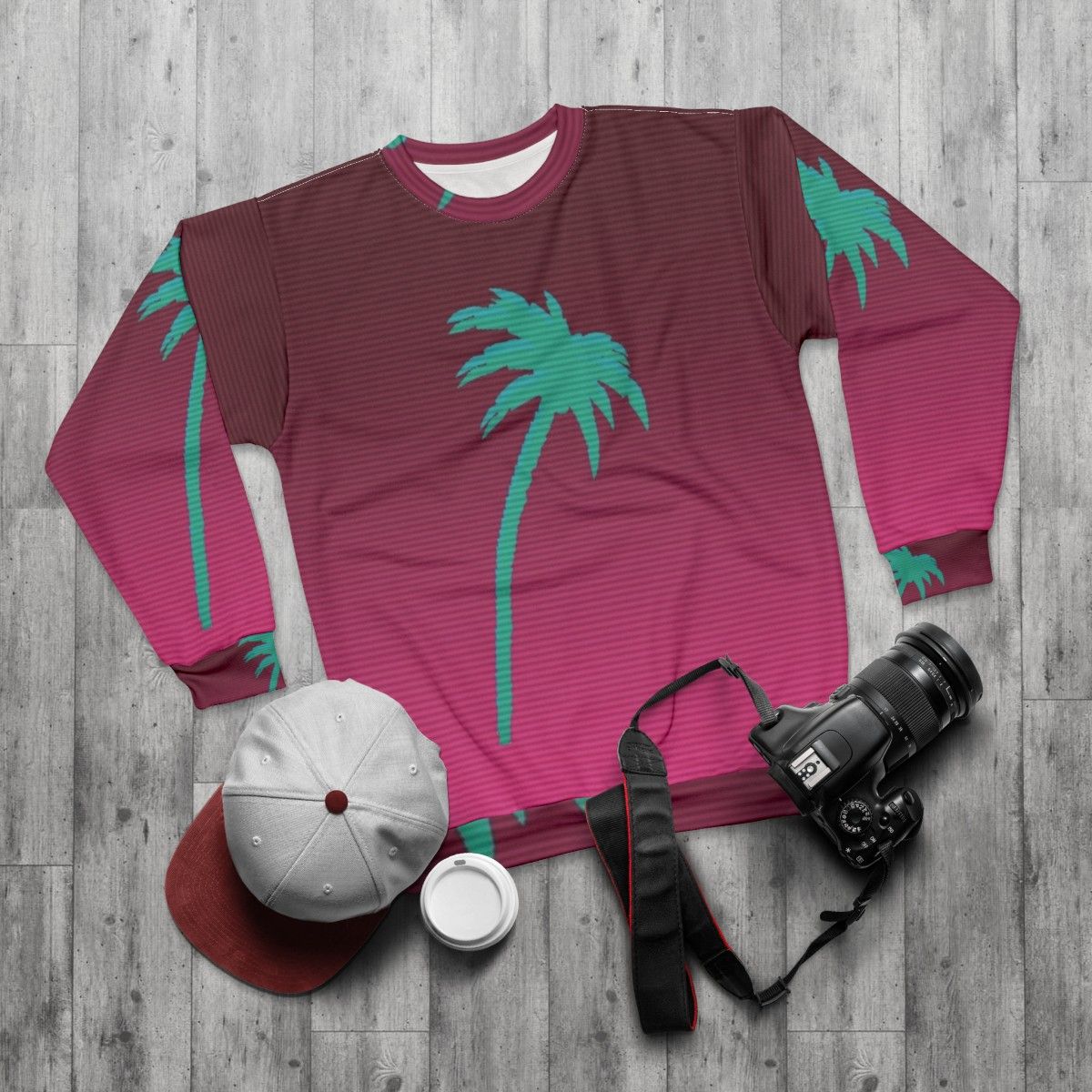 Hotline Miami inspired palmtree vaporwave sweatshirt - flat lay