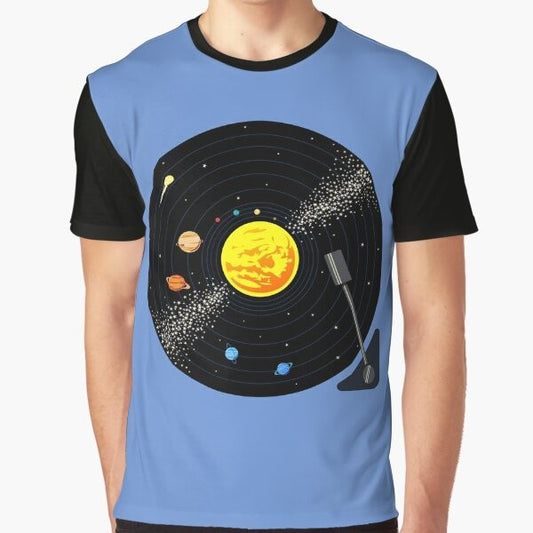 Solar System Vinyl Record Graphic T-Shirt with Planets and Retro Music Design