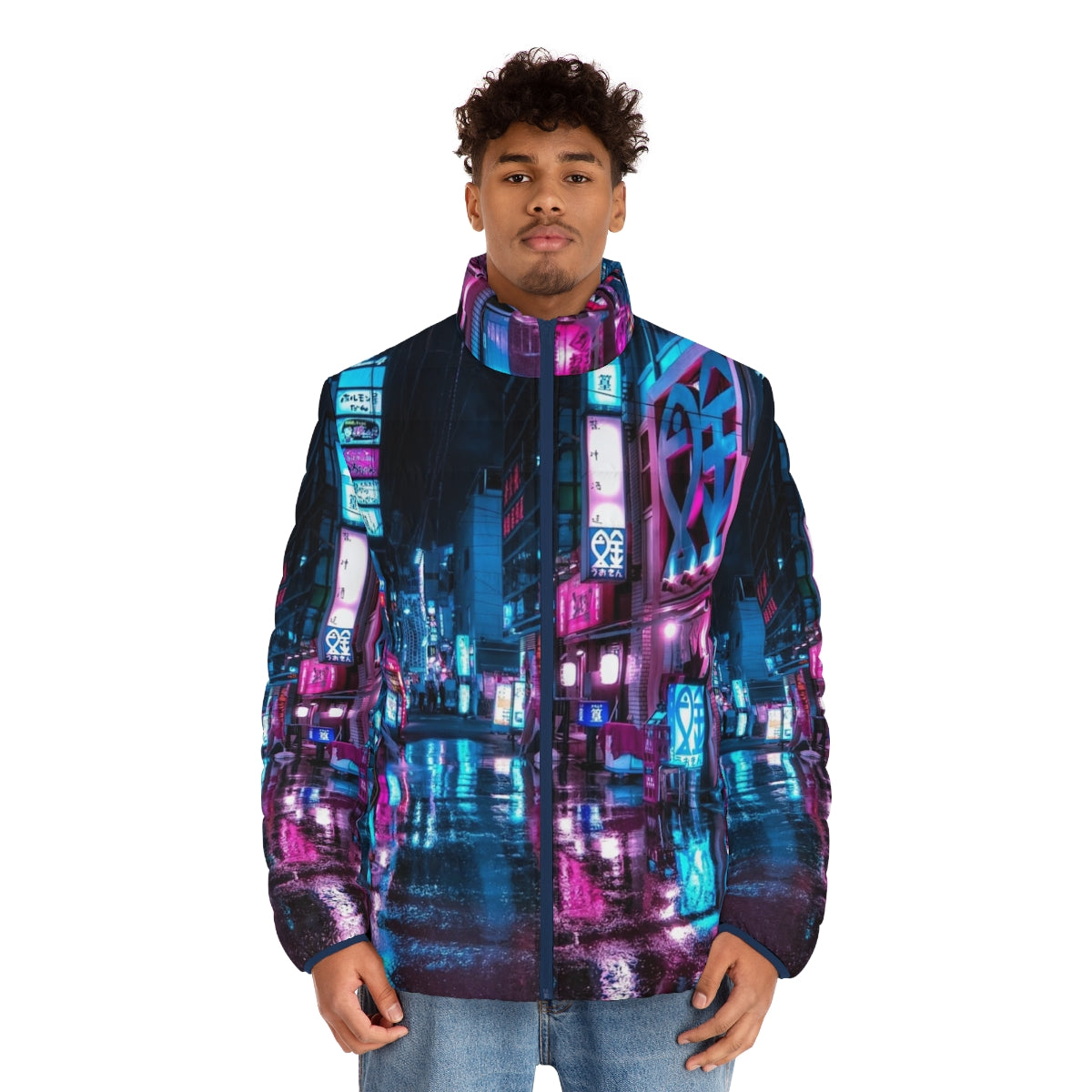 Tokyo Shimbashi puffer jacket with neon lights and cyberpunk city vibes - men front