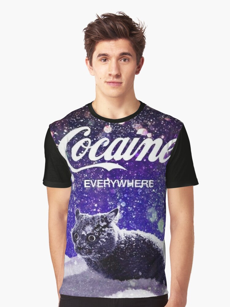 A graphic t-shirt design featuring a cat surrounded by snow and 'cocaine' written in a stylized text. - Men