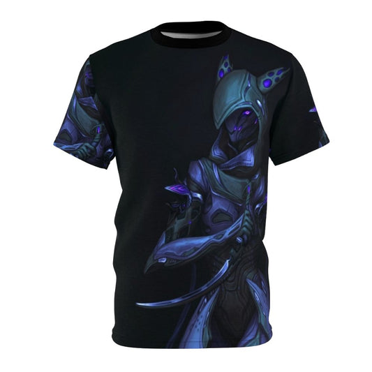 A vibrant purple and glowing t-shirt design inspired by the Warframe character Wisp, featuring a cosmic and ethereal energy art style.