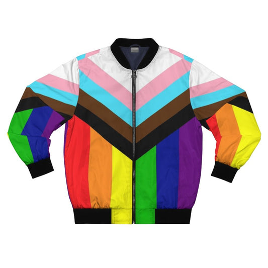 Progressive pride flag bomber jacket with rainbow colors