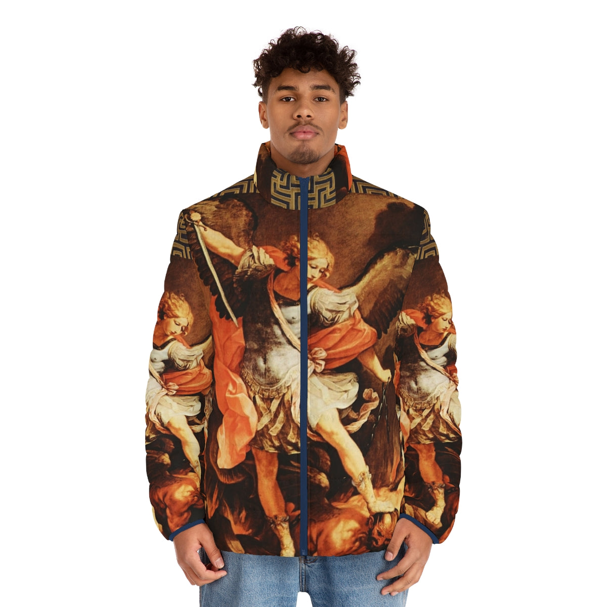 St Michael Archangel puffer jacket with vibrant religious artwork - men front