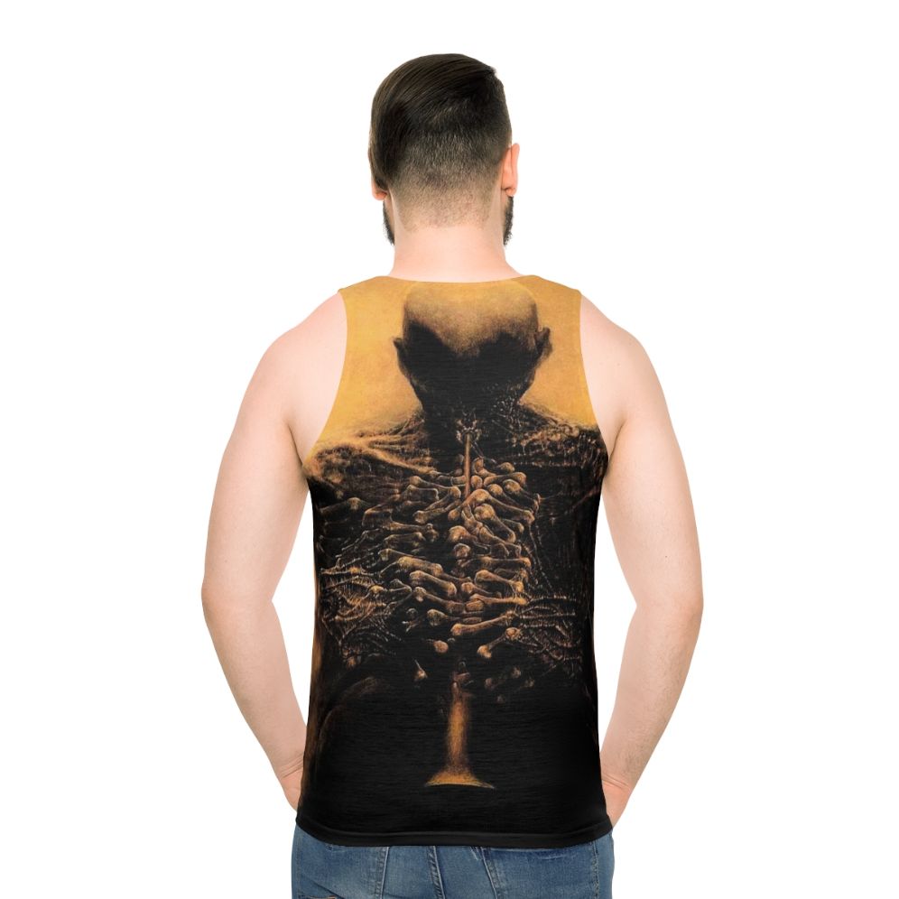 Unisex surrealist tank top with Beksinski's creepy skull artwork - men back