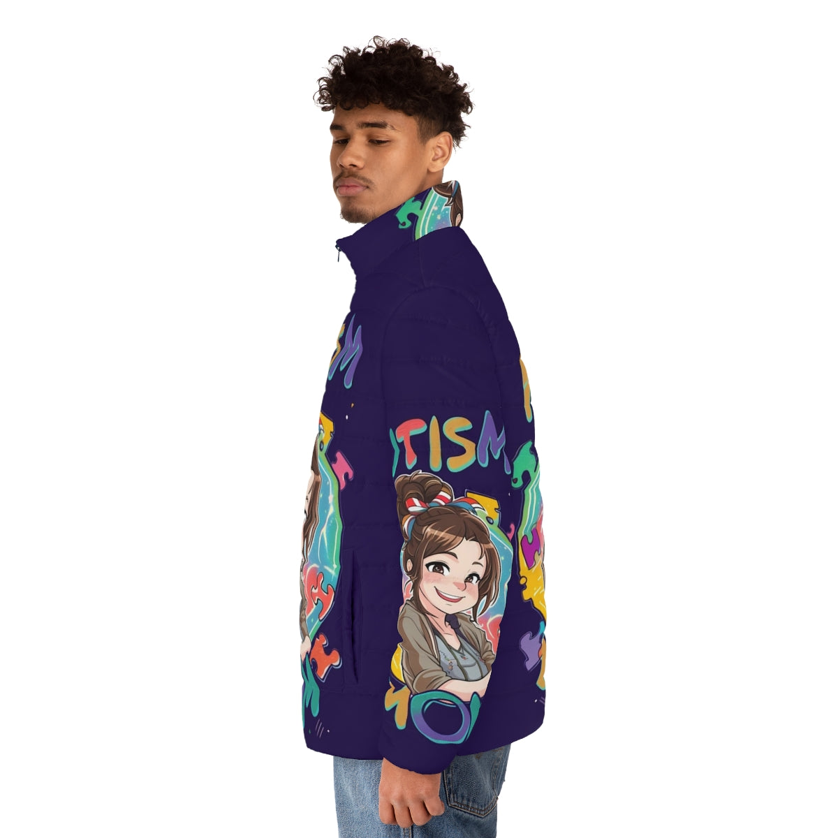 Autism Mom Puffer Jacket with Superhero and Inspiring Design - men side left