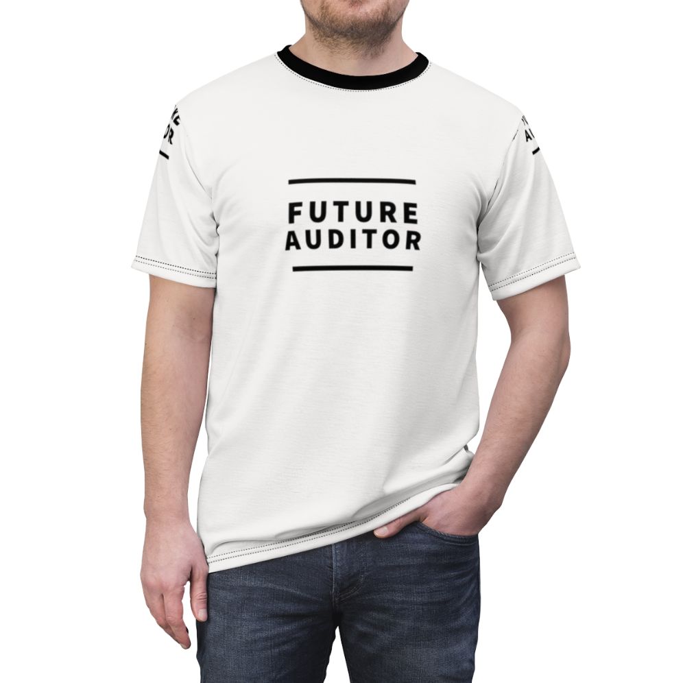 Stylish future auditor text design t-shirt for accounting, bookkeeping, and feminist professionals - men front