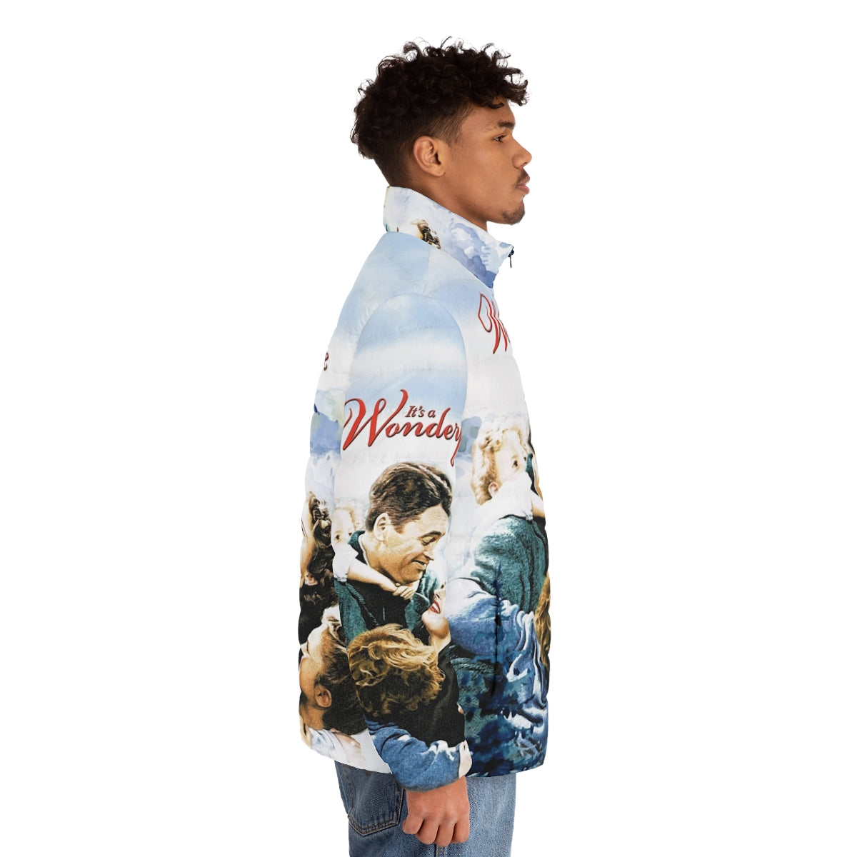 Cozy puffer jacket featuring a scenic winter landscape from the classic Christmas movie 'It's a Wonderful Life' - men side right