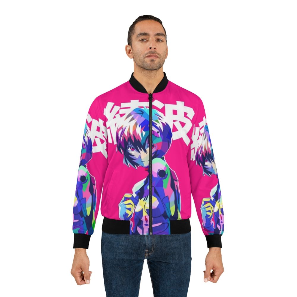 Rei Ayanami inspired bomber jacket with anime motifs and kanji design - Lifestyle