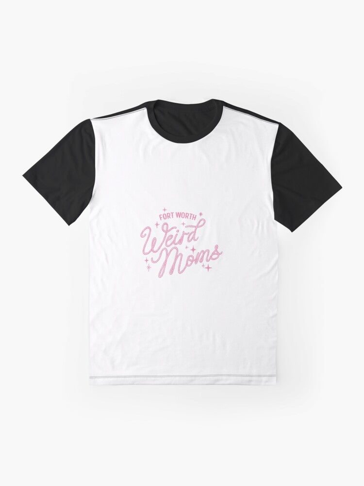 A pink graphic t-shirt with the text "FWWM - Yeehaw!" representing the Fort Worth Weird Moms culture. - Flat lay