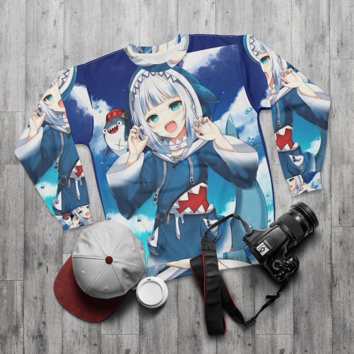 Gawr Gura Hololive Anime Sweatshirt featuring a kawaii chibi design - flat lay