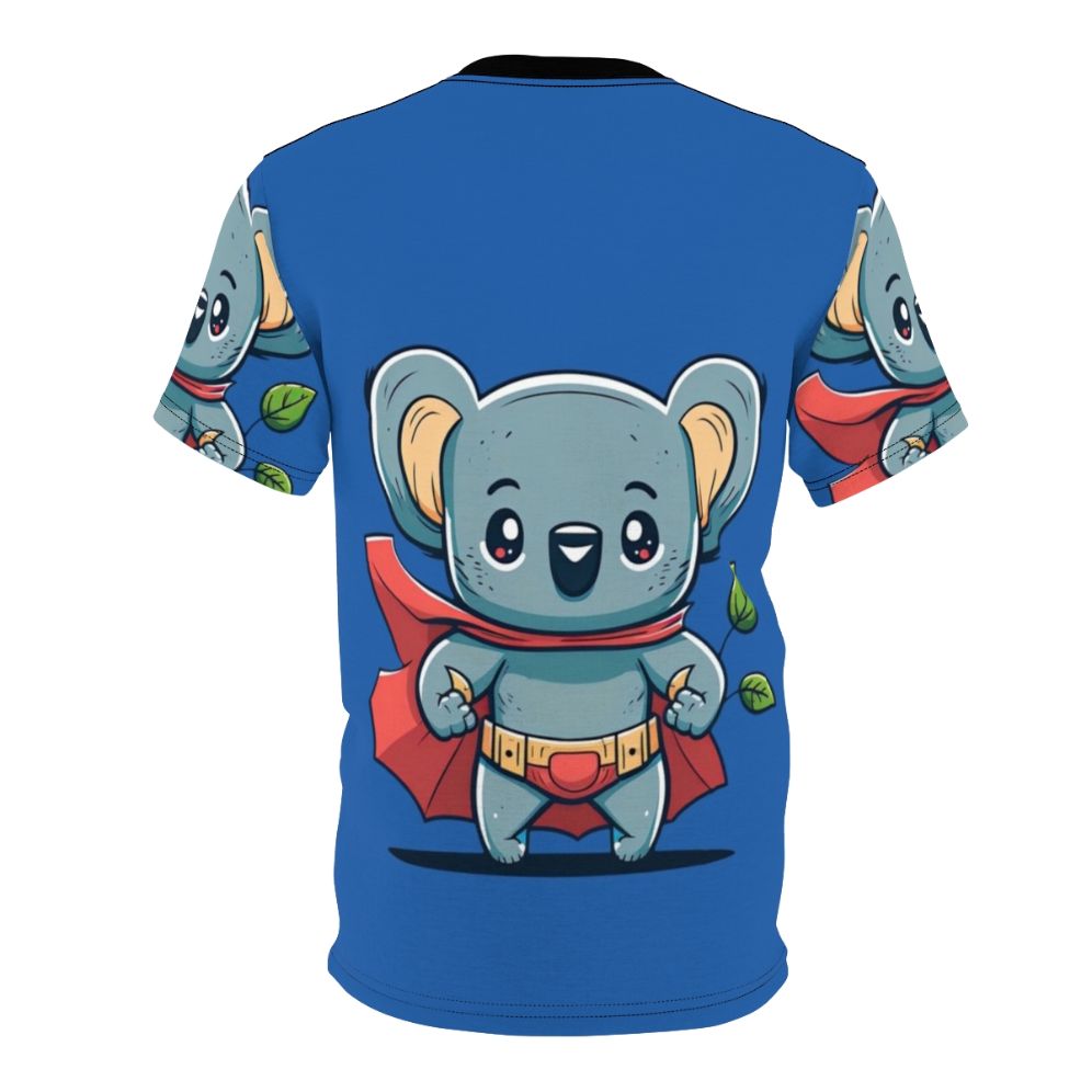 Illustration of a cute, kawaii koala wearing a superhero cape and standing in front of eucalyptus leaves - Back