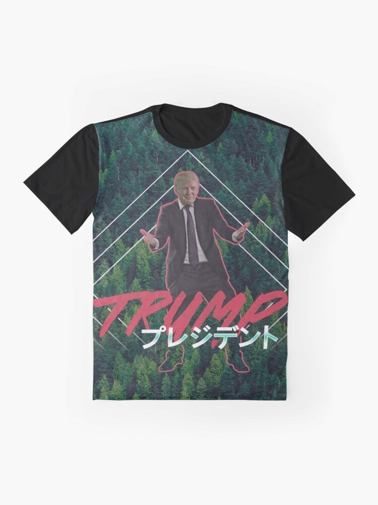 Vaporwave Donald Trump graphic t-shirt with retro, 90s aesthetic and pop art design - Flat lay