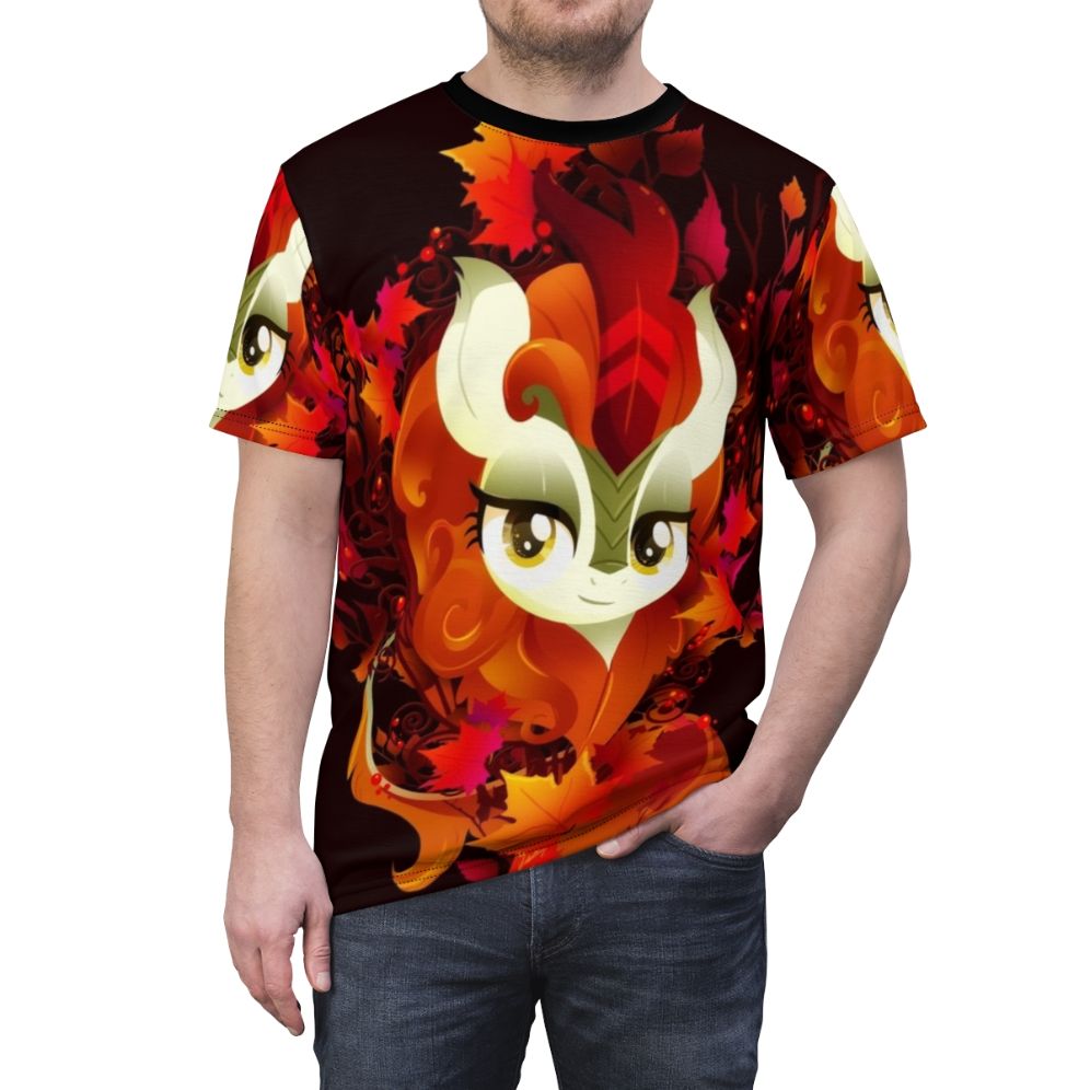 Vibrant digital art illustration of an autumn inspired fantasy creature on a t-shirt - men front