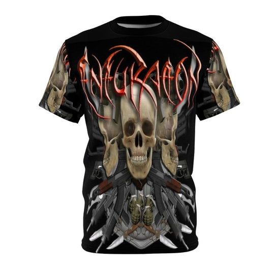 Skull graphic t-shirt featuring heavy metal band style artwork