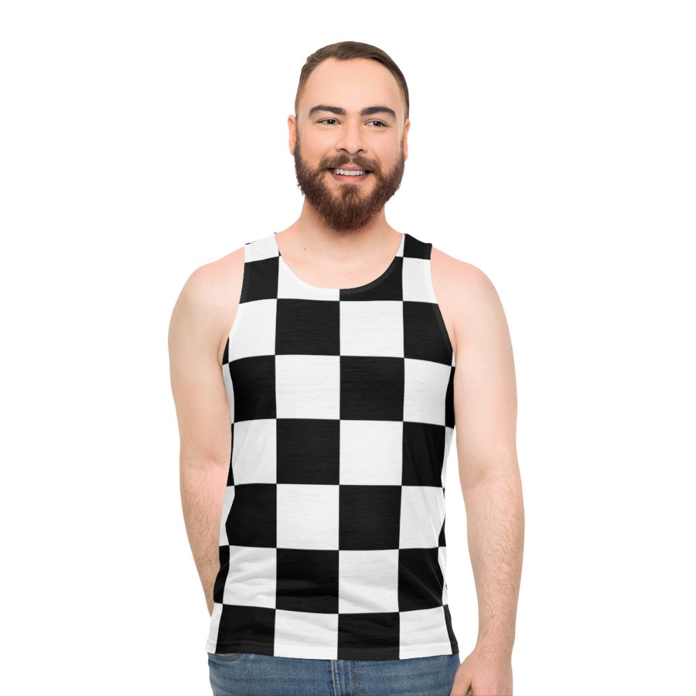 Minimalist checkered unisex tank top in black and white geometric pattern - men