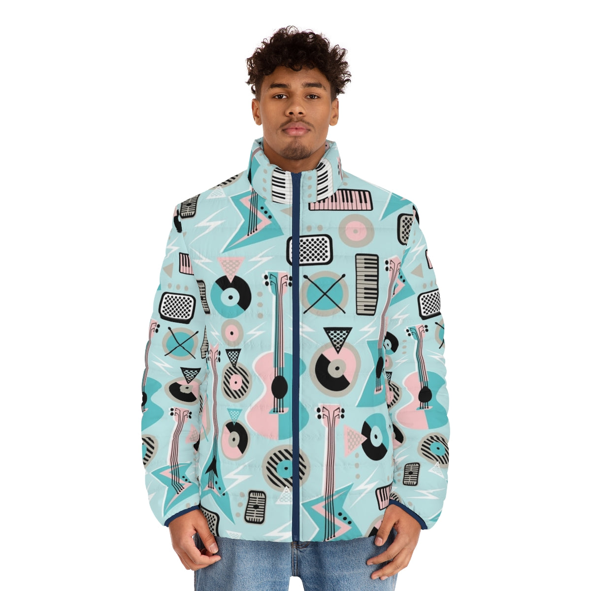 Retro musical turquoise puffer jacket with guitars, piano keys, and lightning bolt design - men front