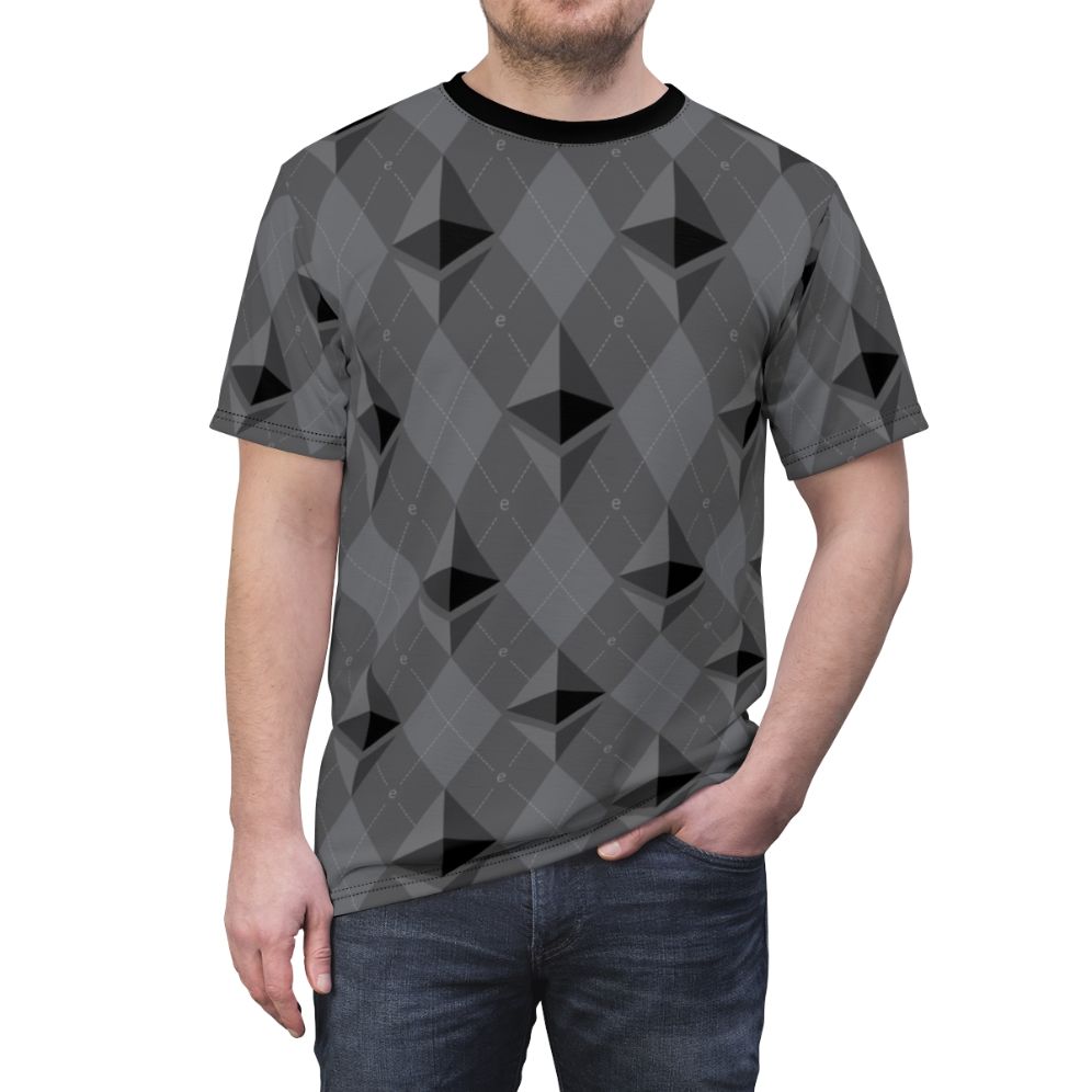 Ethereum-inspired crypto pattern design on a t-shirt for blockchain and digital currency enthusiasts - men front