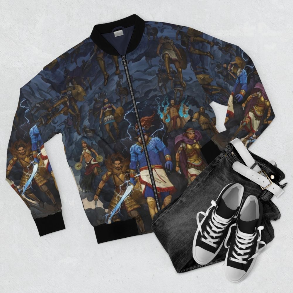 Chaosium RuneQuest: Glorantha Orlanth Heroes Bomber Jacket featuring fantasy artwork by Andrey Fetisov - Flat lay