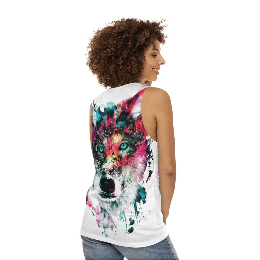 Vibrant wolf tank top with abstract watercolor art - women back