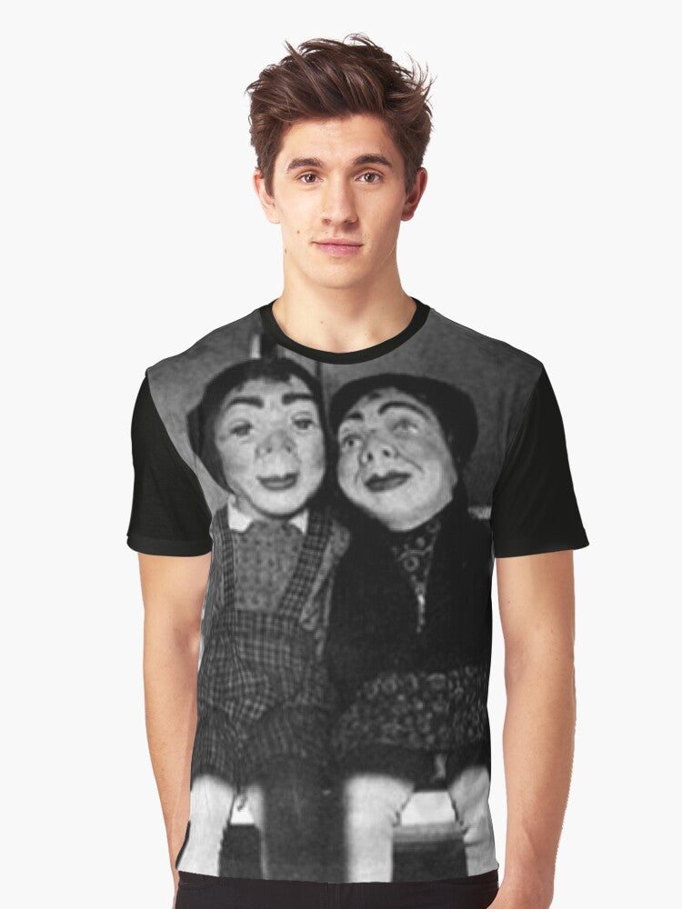 Creepy deep web-inspired Halloween graphic t-shirt design with haunted doll, ghost, and pumpkin. - Men