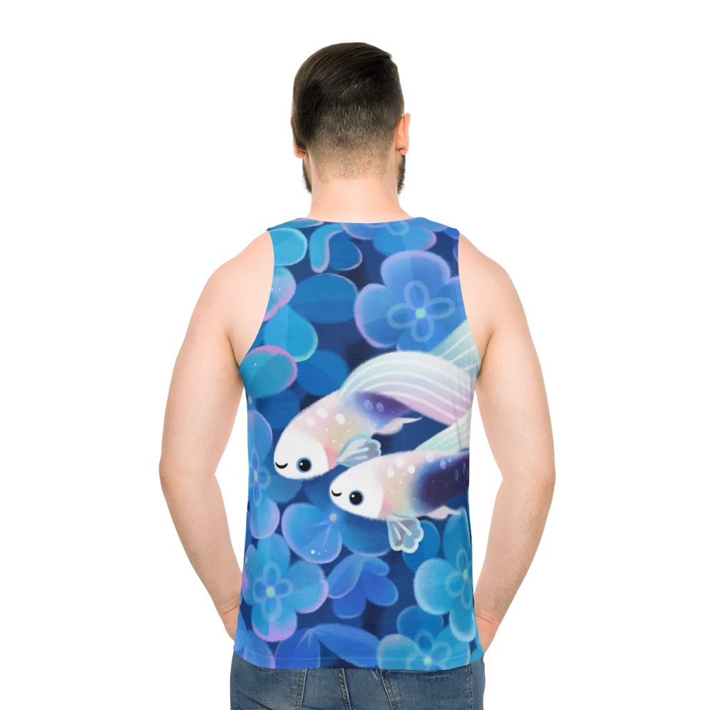 Unisex tuxedo guppy tank top with blue hydrangea floral design - men back