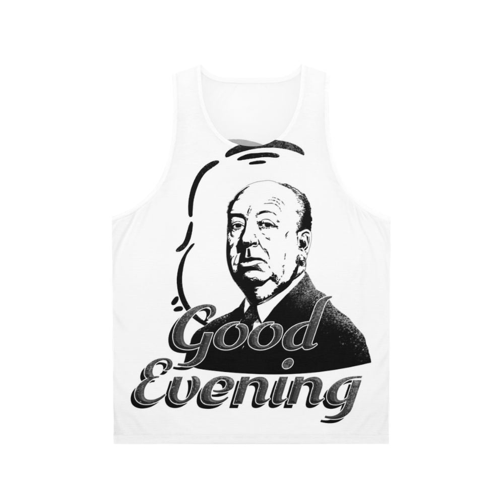 Unisex tank top with "Good Evening" graphic, inspired by Alfred Hitchcock's iconic television show