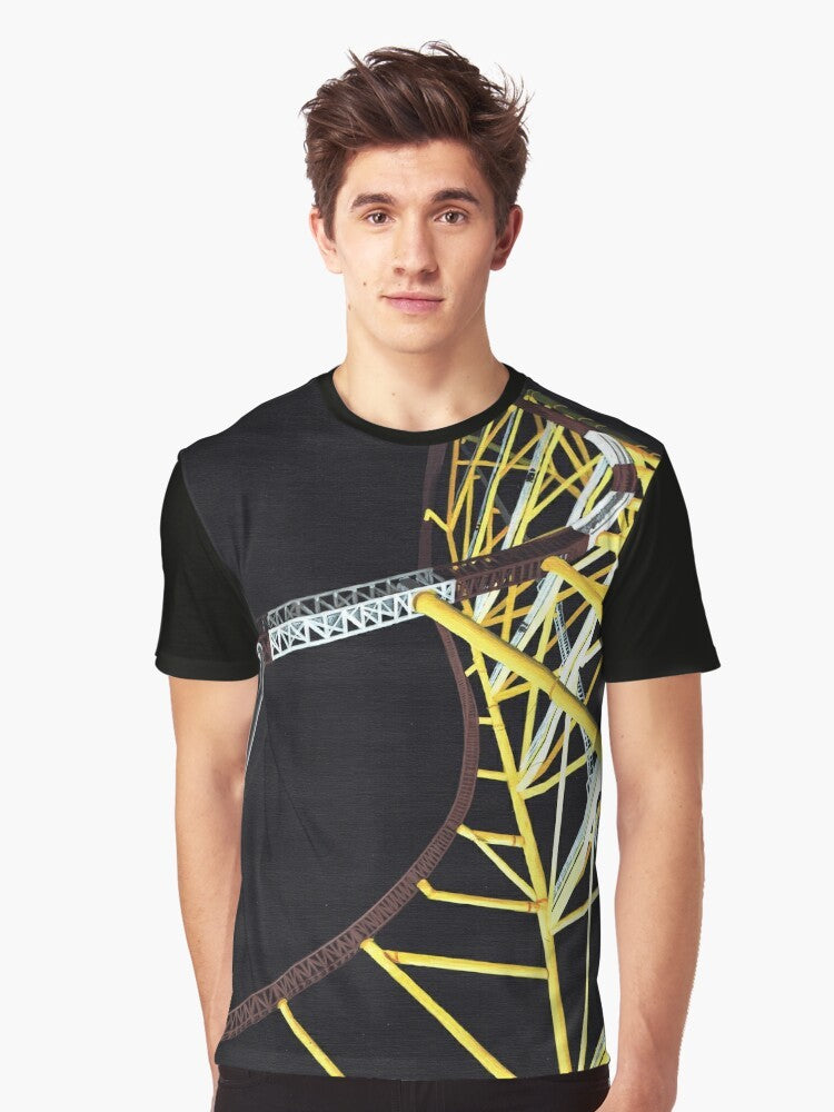 Graphic t-shirt featuring the iconic Top Thrill Dragster roller coaster at Cedar Point theme park - Men