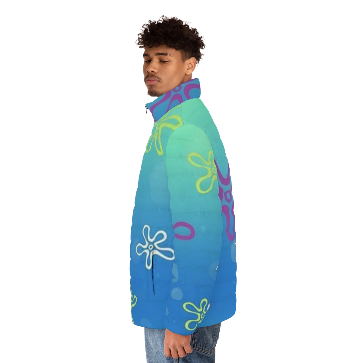 Spongebob Bikini Bottom themed puffer jacket with tapestry design - men side left