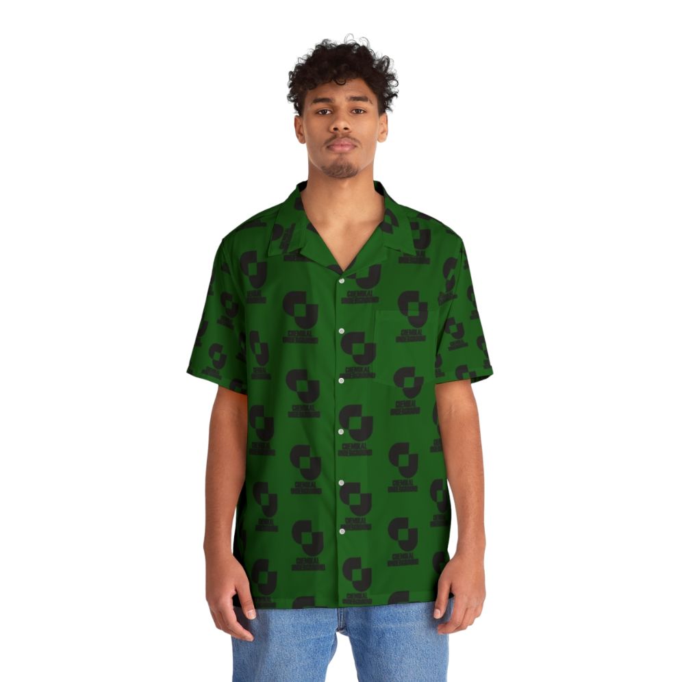 Black Hawaiian Shirt with Music Themed Graphics - People Front