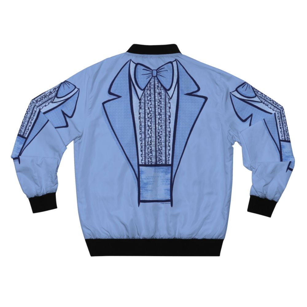 Light blue bomber jacket featuring the iconic "Dumb and Dumber" characters Lloyd and Harry in a funny tuxedo design - Back