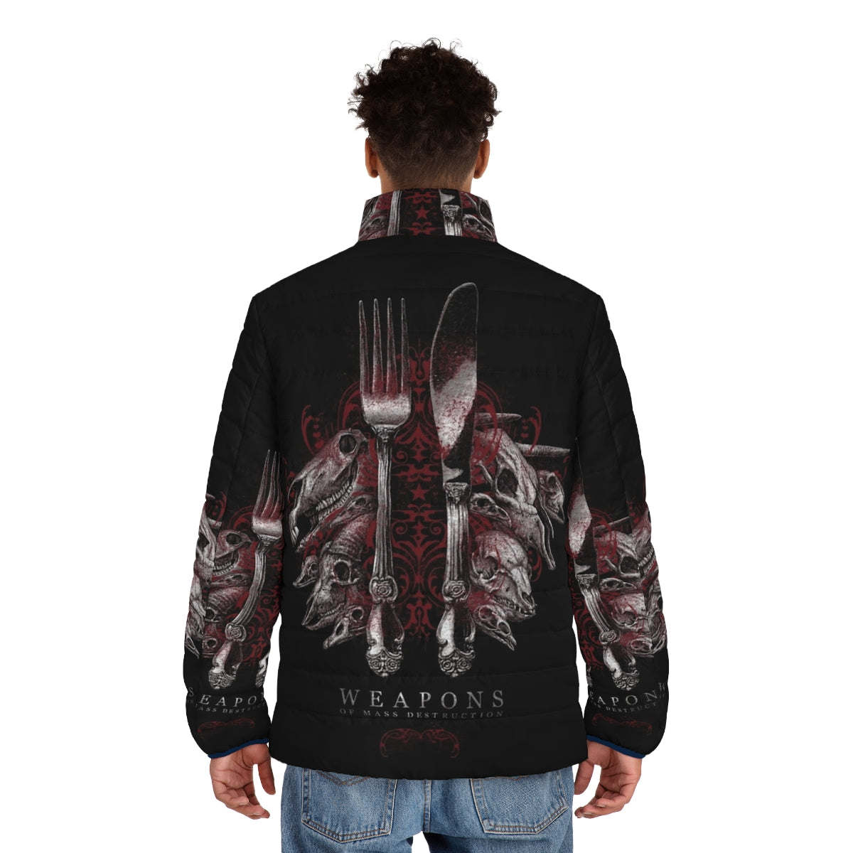 Puffer jacket with weapons and skull design, focus keyword: puffer jacket - men back