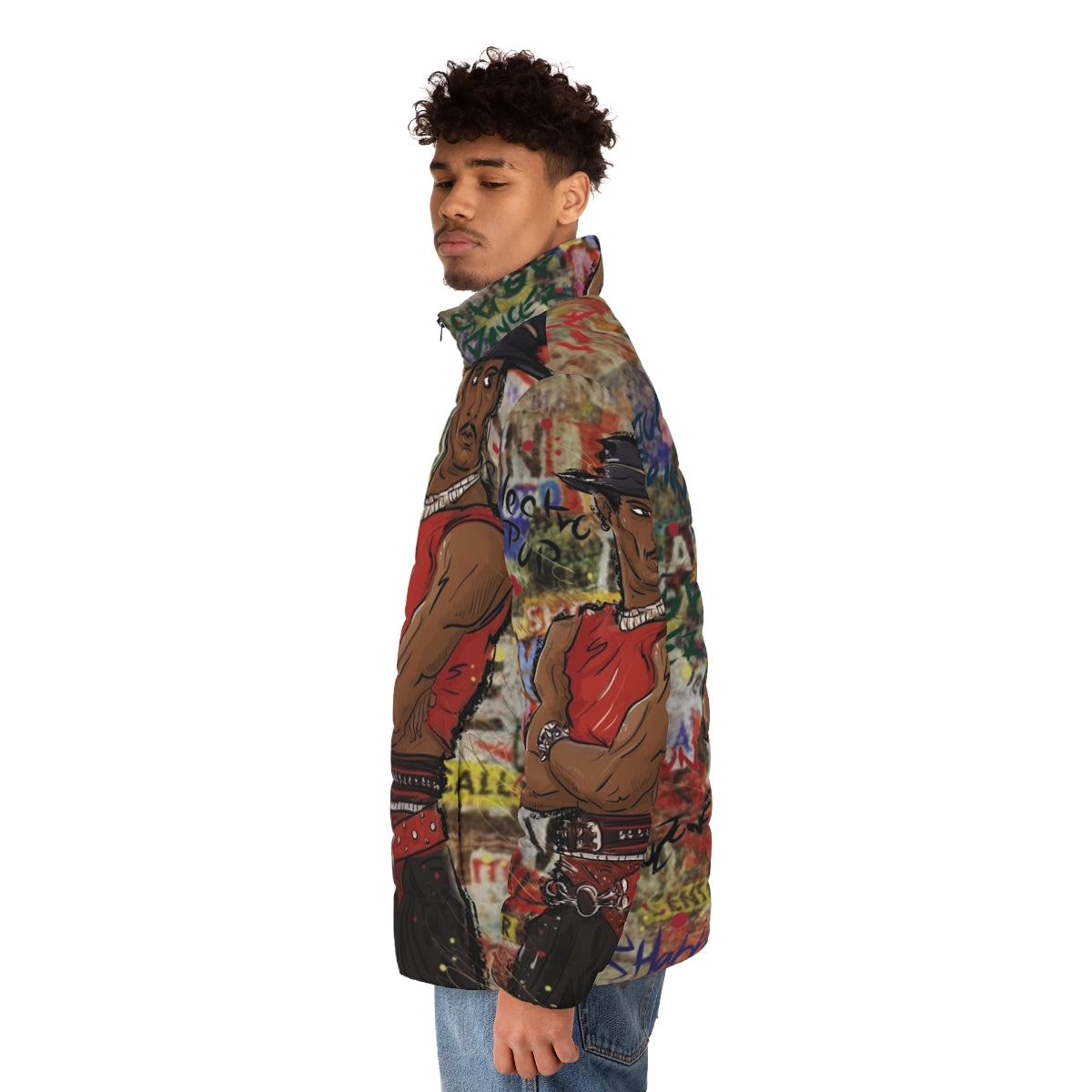 Shabba Doo inspired street dancer puffer jacket with graffiti and cartoon art - men side left