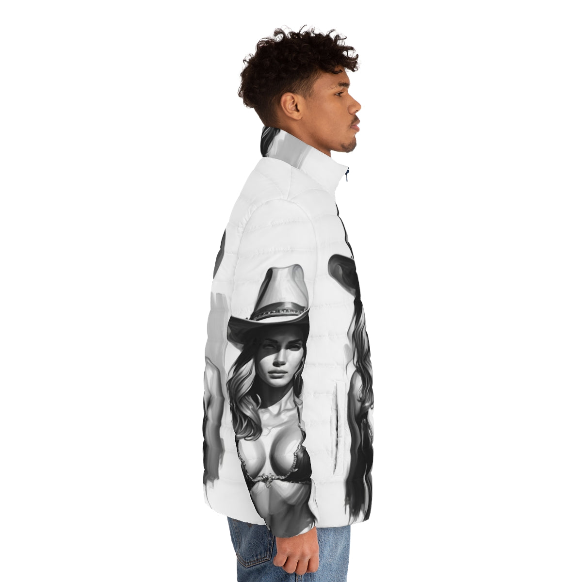 Beautiful woman wearing a fashionable cowgirl-inspired puffer jacket - men side right