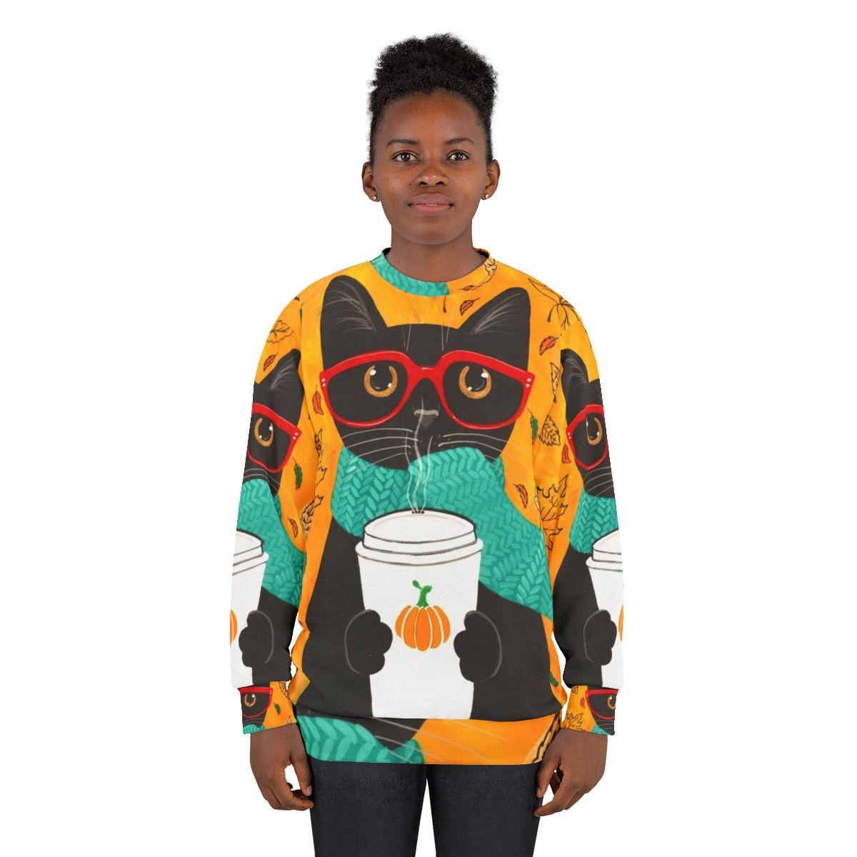 Autumn Pumpkin Coffee Cat Sweatshirt with Nerd Cat in Glasses - women