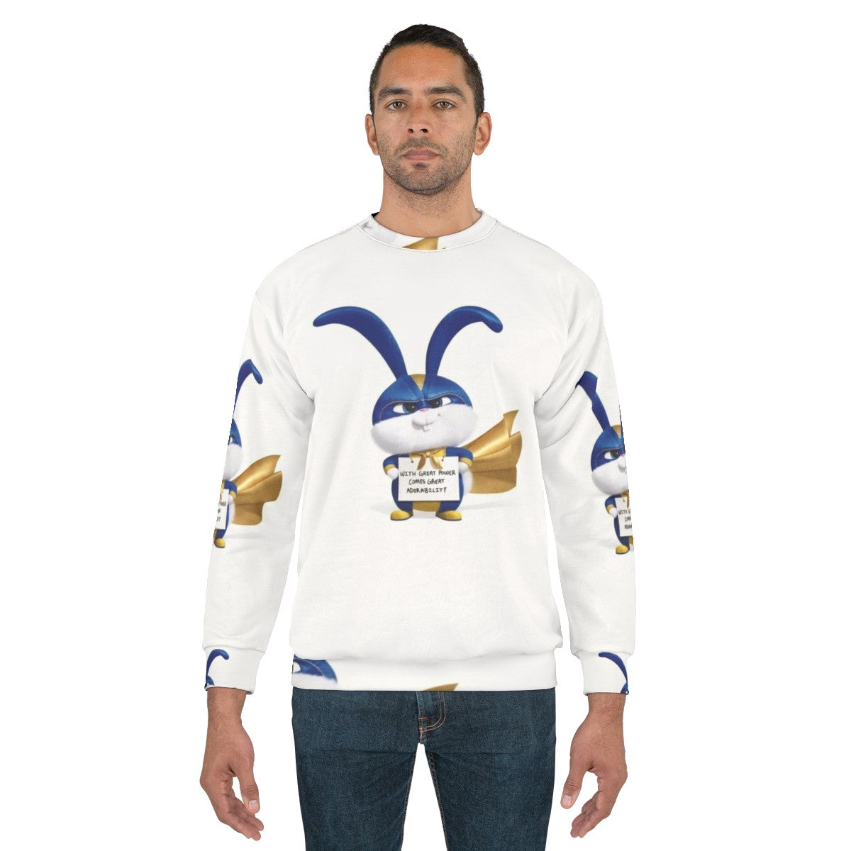 Cozy super snowball sweatshirt with cute bunny and superhero design - men