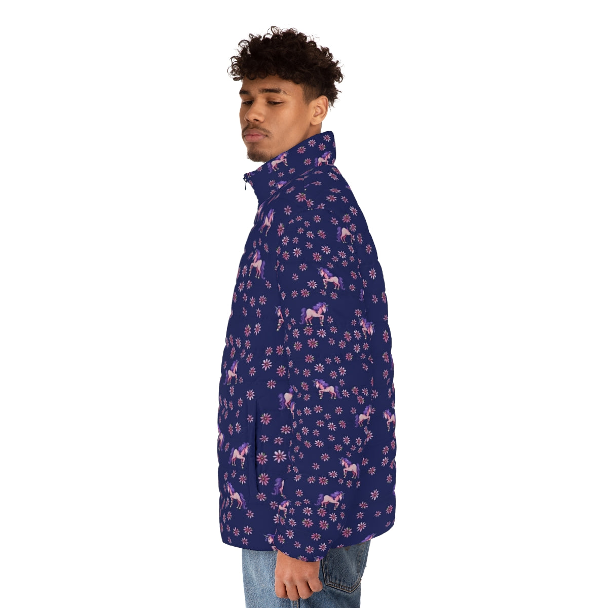 A vibrant puffer jacket featuring a magical unicorn and floral print design - men side left