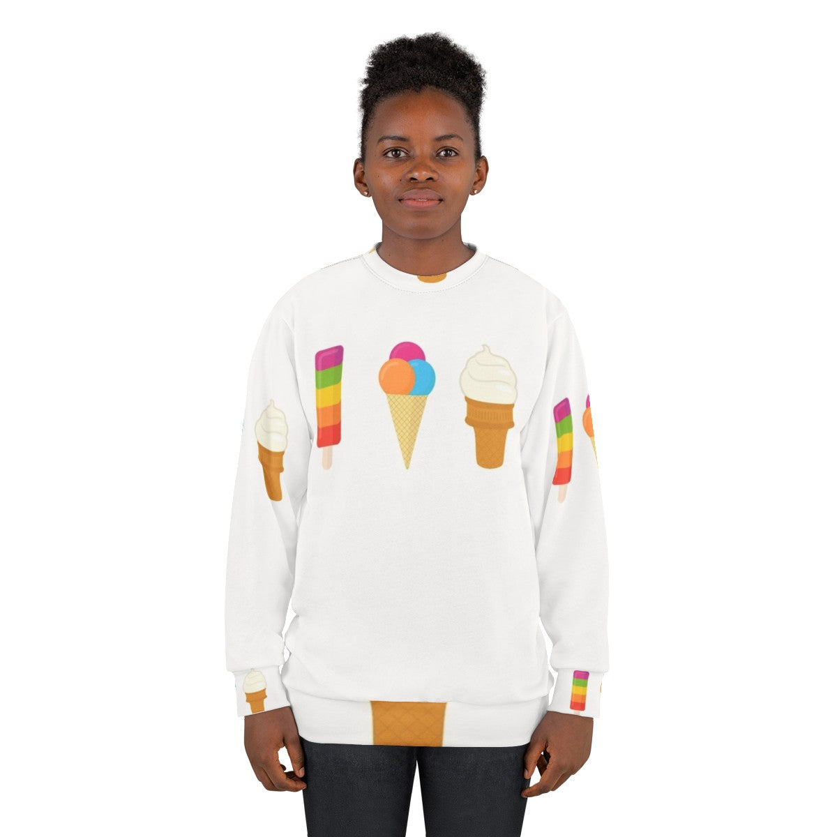 Colorful ice cream sweatshirt with popsicle, cone, and lolly pop graphics - women