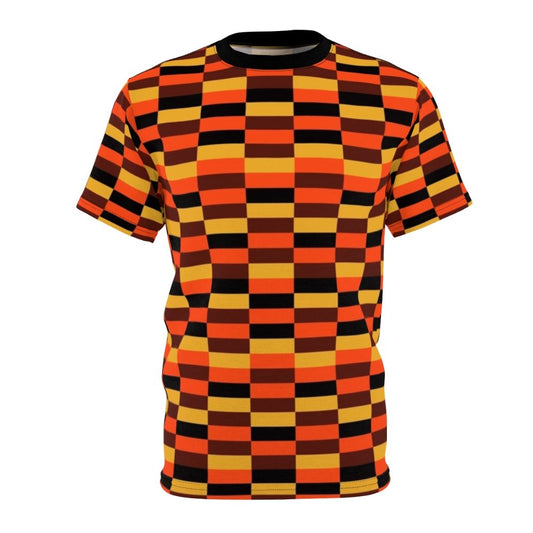 Vintage-style t-shirt with a retro orange, brown, and yellow pattern reminiscent of classic London Underground train seats