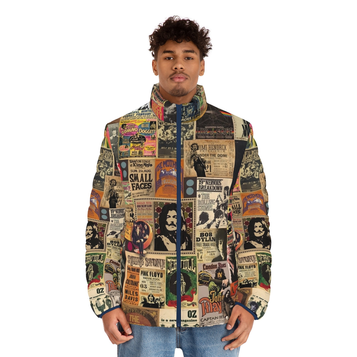 Rock and roll puffer jacket featuring a collage of vintage music legends - men front