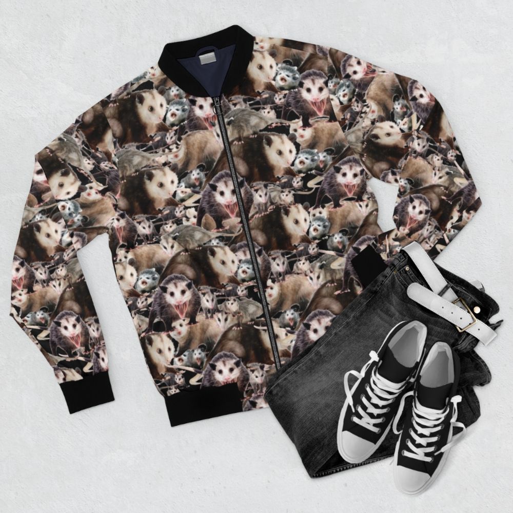 Adorable opossum printed on a navy blue bomber jacket - Flat lay