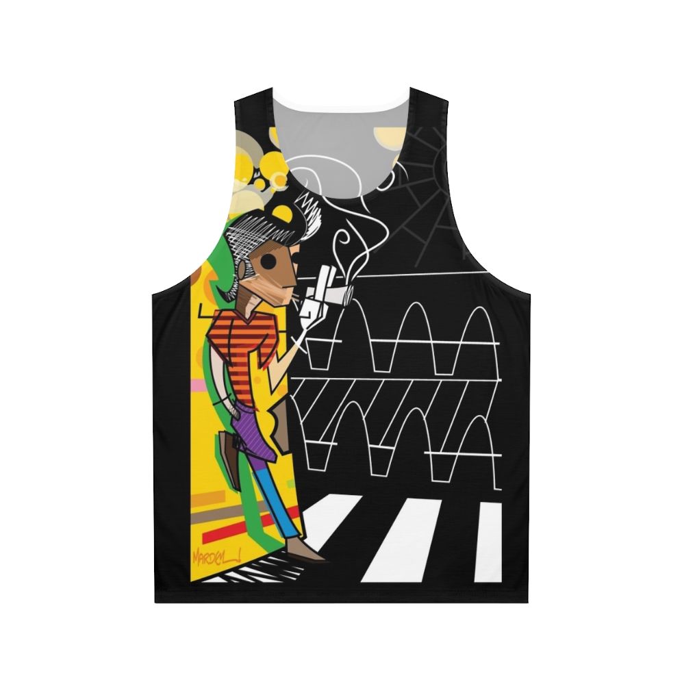 Colorful unisex tank top with pop art "The Trickster" design