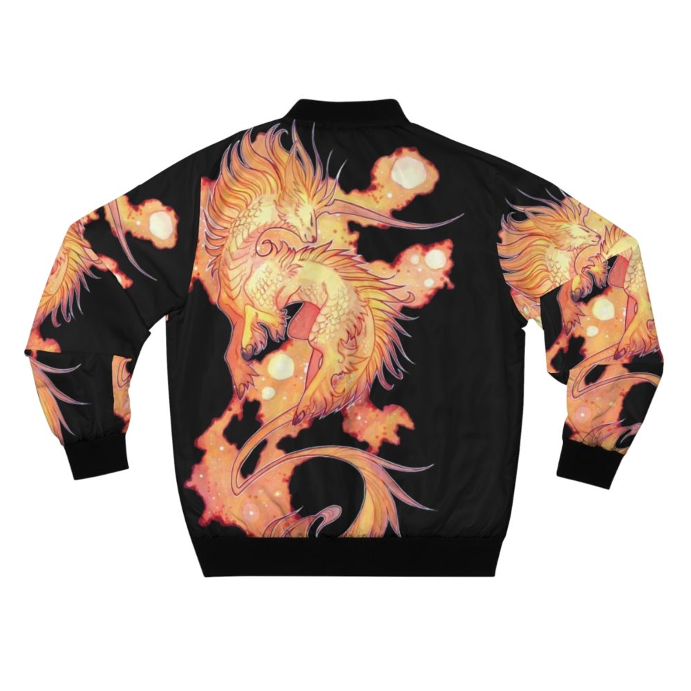 Space unicorn fantasy bomber jacket with vibrant red and orange colors - Back