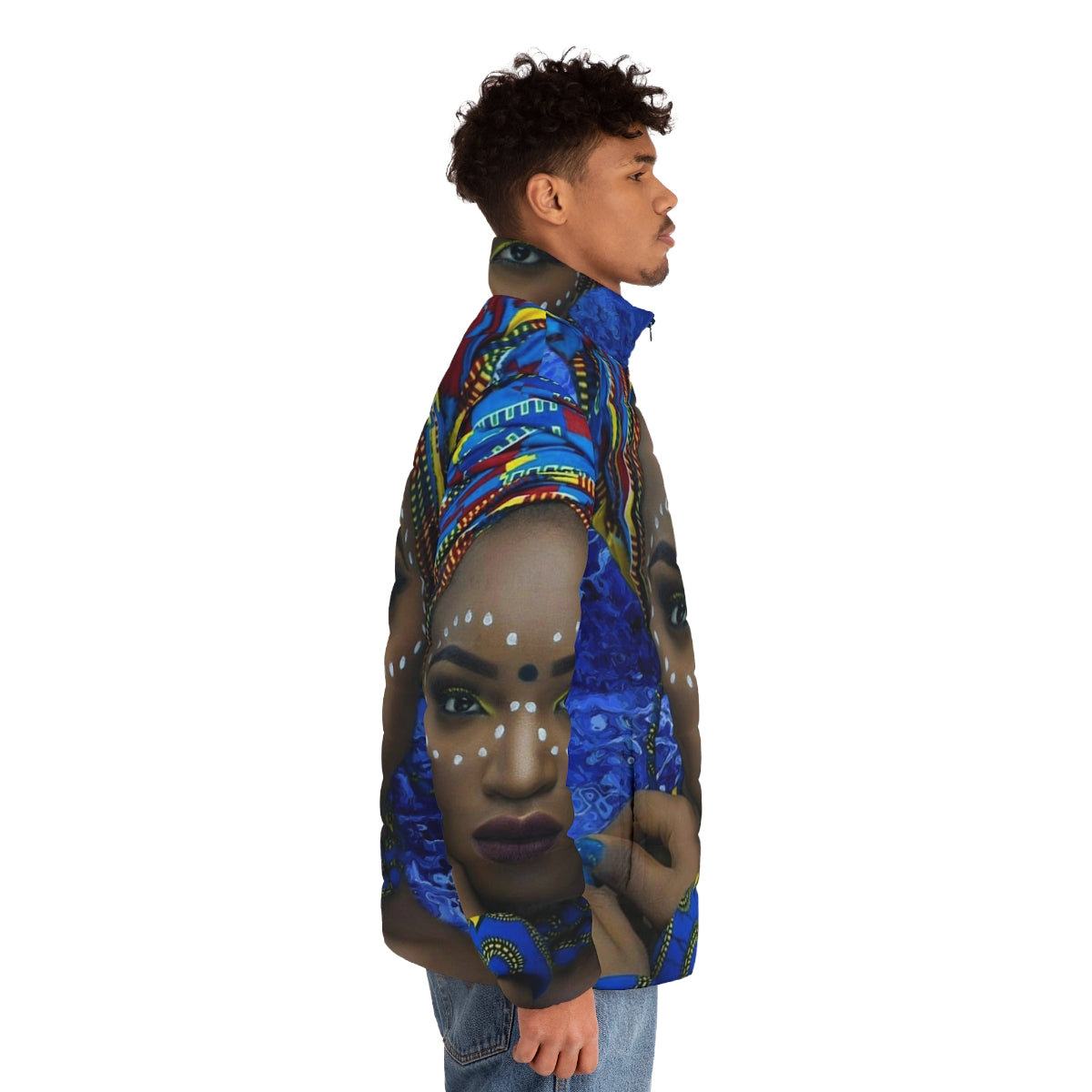 African Queen Puffer Jacket with Tribal Patterns and Gold Accents - men side right